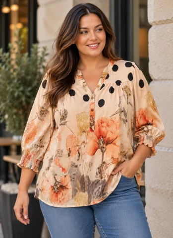 Bluse - 9910 - Beige/Rød - Vanting Plus