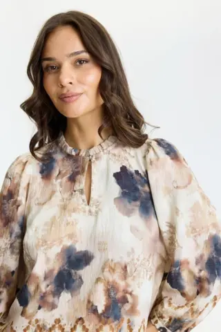 Bluse - Cordelia- Blomsteret Creme/Brun/Blå - IN FRONT