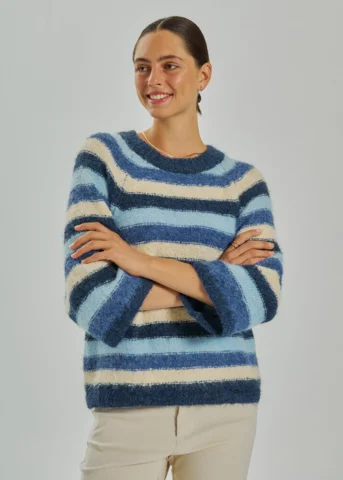 Pullover - Strik - FQgrslulu - Stribet Blå/Sand - FREEQUENT