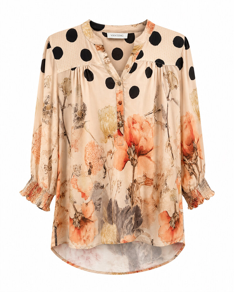 Bluse - 9910 - Beige/Rød - Vanting Plus