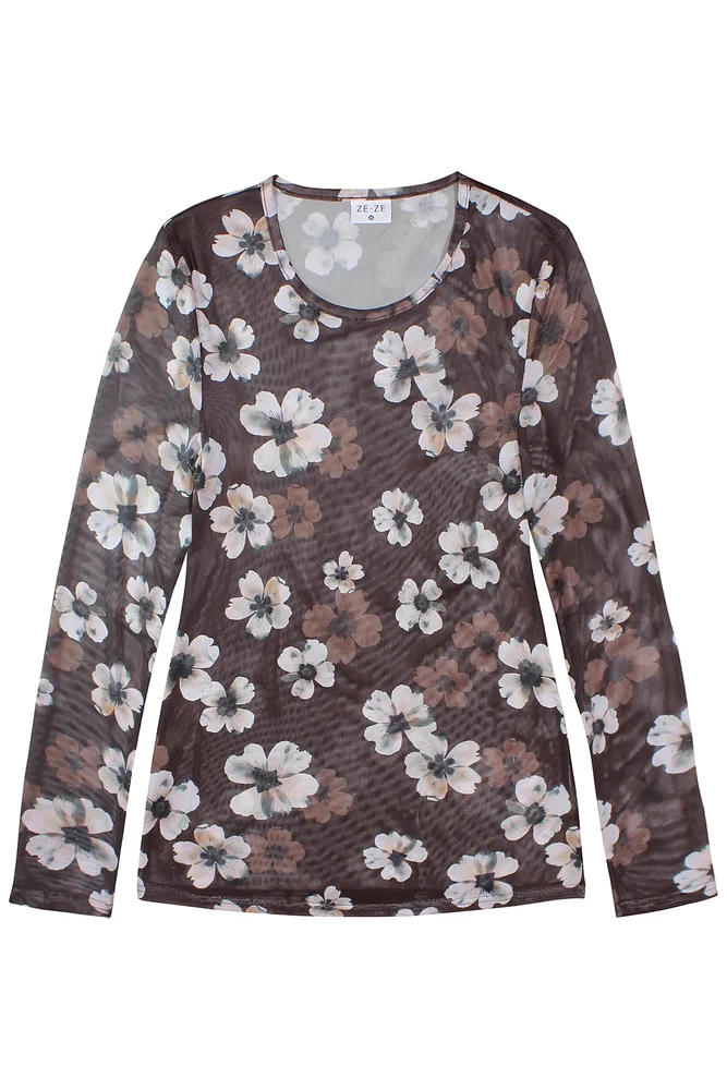 Bluse mesh - Hedda 269 - Blomsteret Brun/sand - ZE-ZE